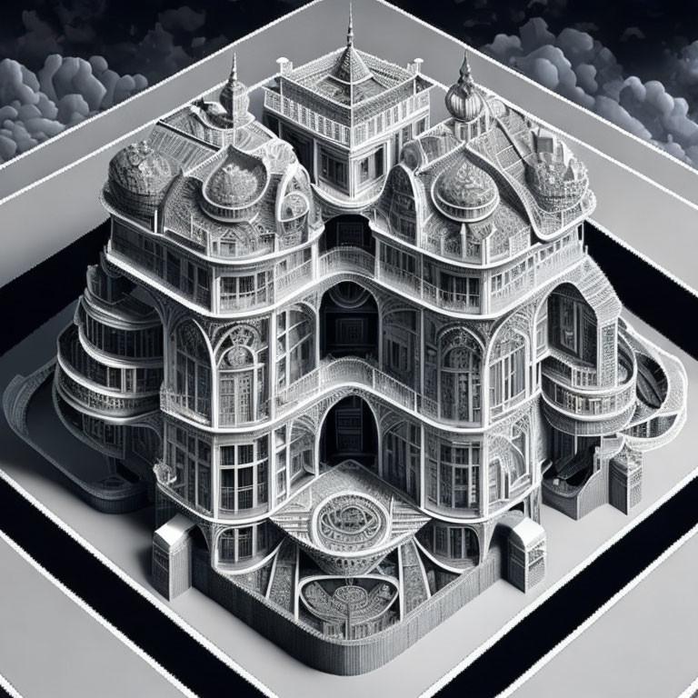 Detailed black and white surreal architecture with gravity-defying staircases