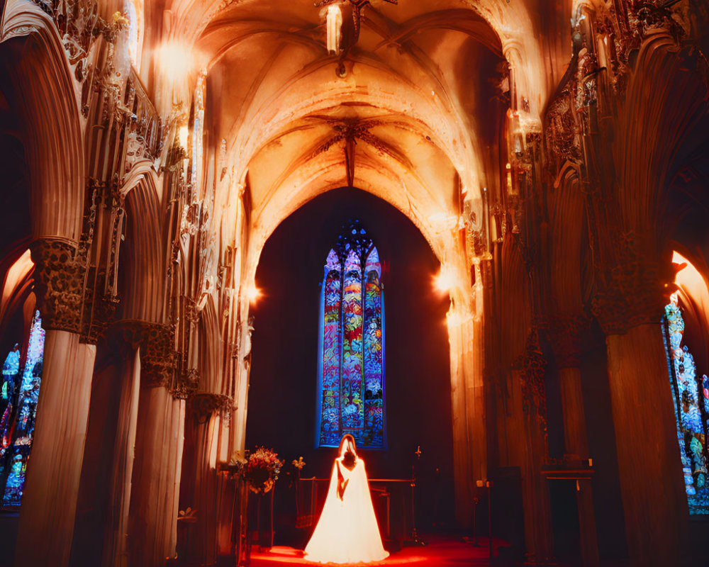 Bride in ornate church with warm light and Gothic architecture
