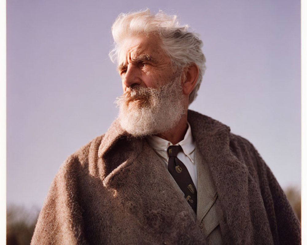 Elderly man with white beard in coat and tie against sky.
