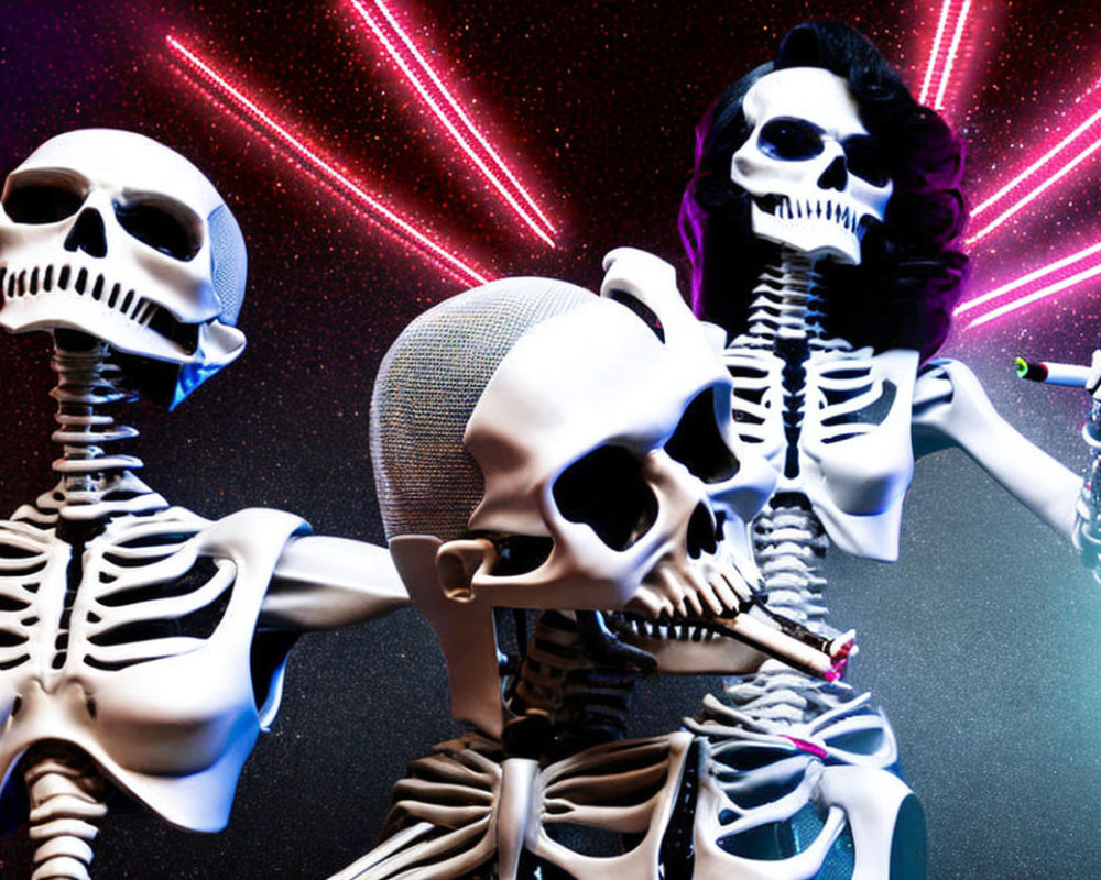 Colorful Stage with Skeletons and Microphones under Pink and White Lights