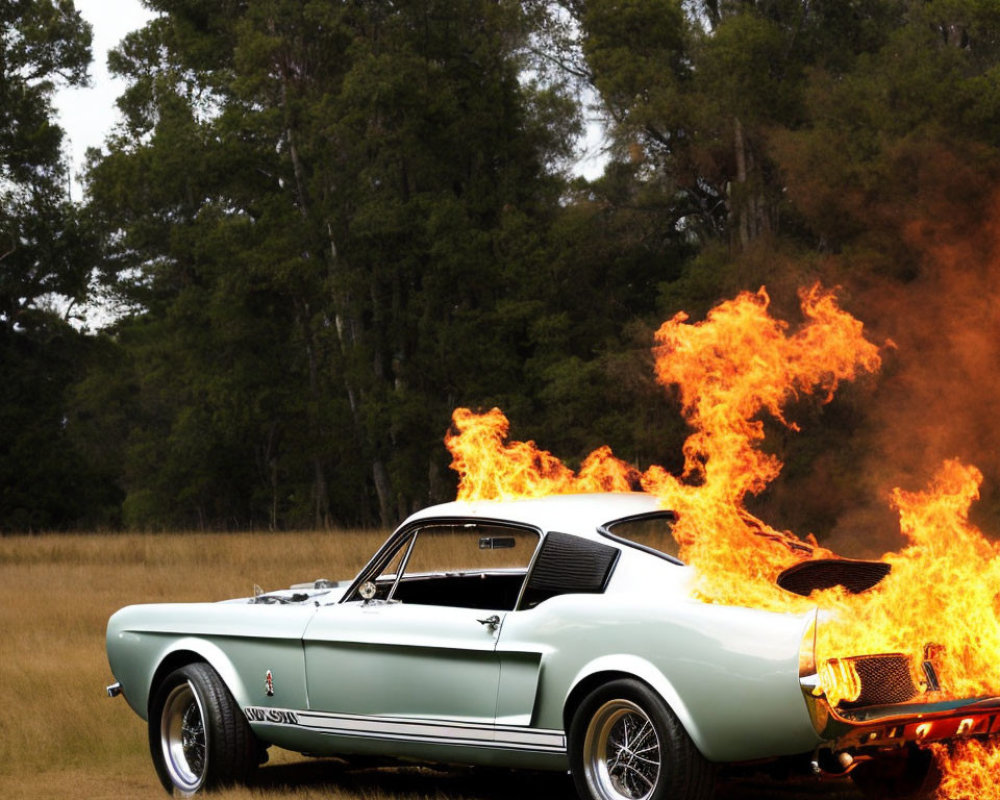 Vintage Green Mustang Car Engulfed in Flames on Grass Field