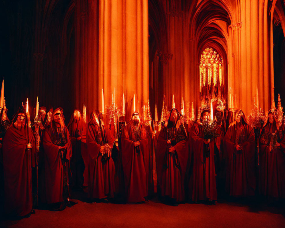 Robed Figures Holding Candles in Dimly Lit Gothic Interior