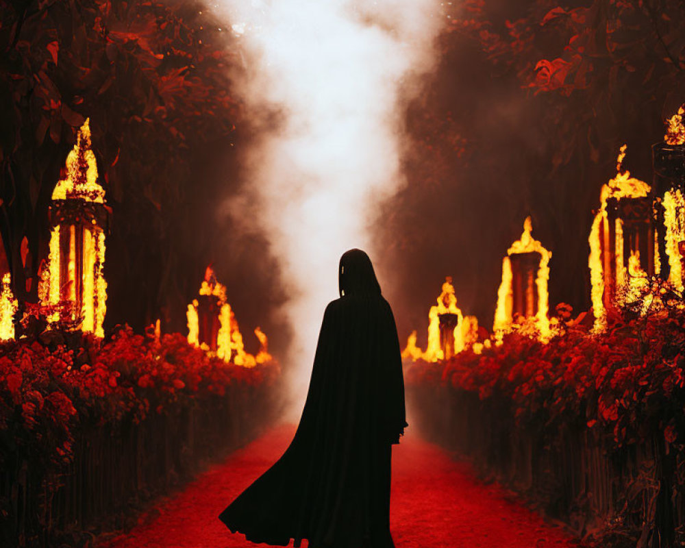 Cloaked figure on misty, red path with lanterns and foliage