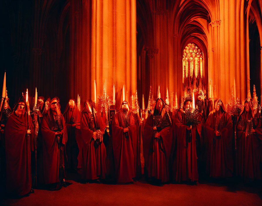 Robed Figures Holding Candles in Dimly Lit Gothic Interior