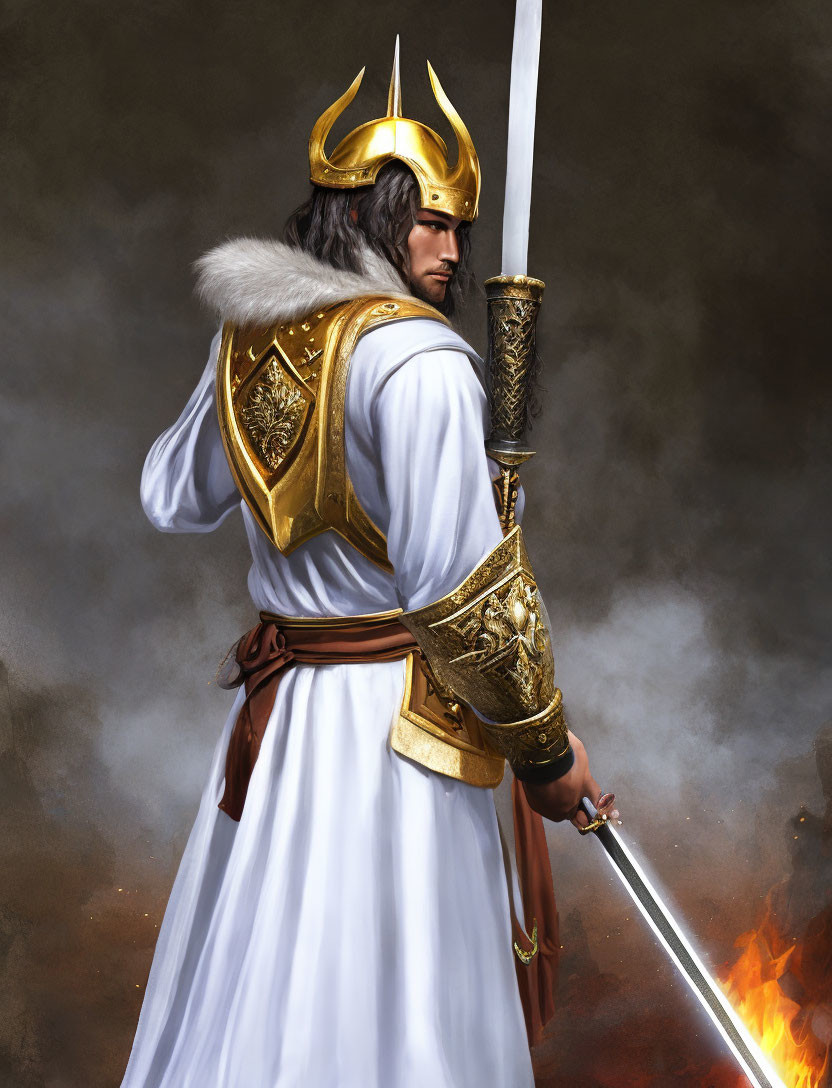 Warrior in Gold Armor with Sword and Winged Helmet on Smoky Background