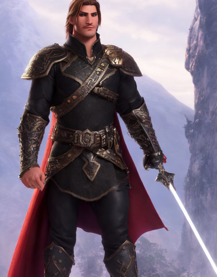Male character in red cape and glowing blue sword against mountainous backdrop