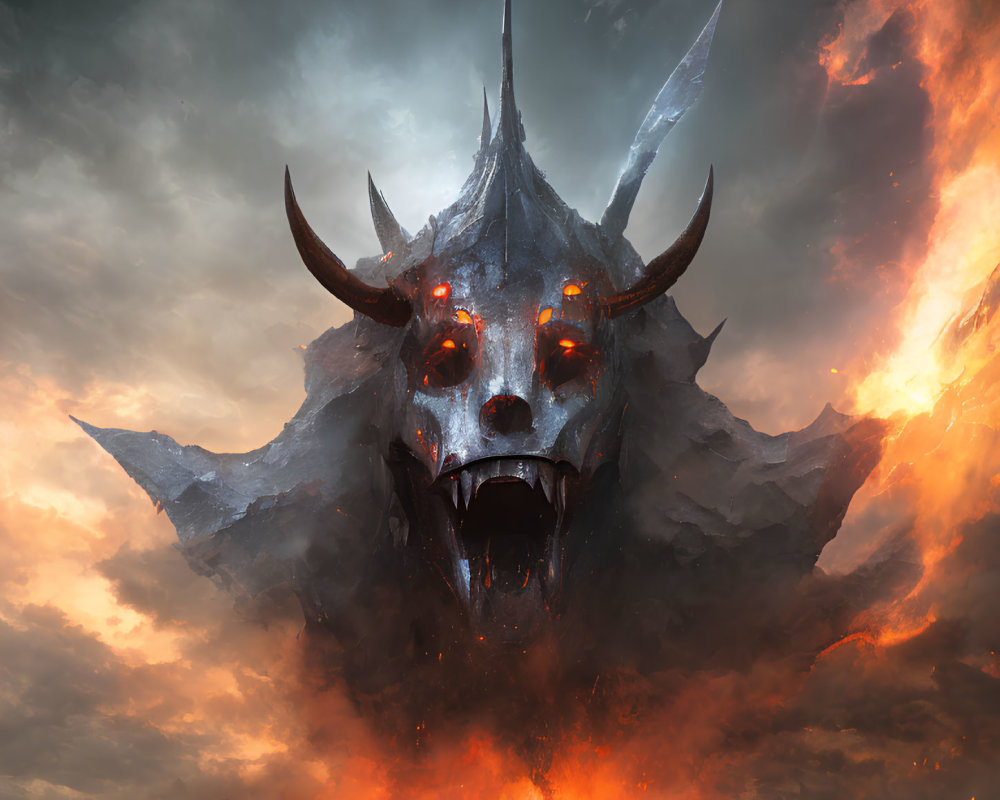 Gigantic demonic head with horns and glowing eyes in fiery clouds