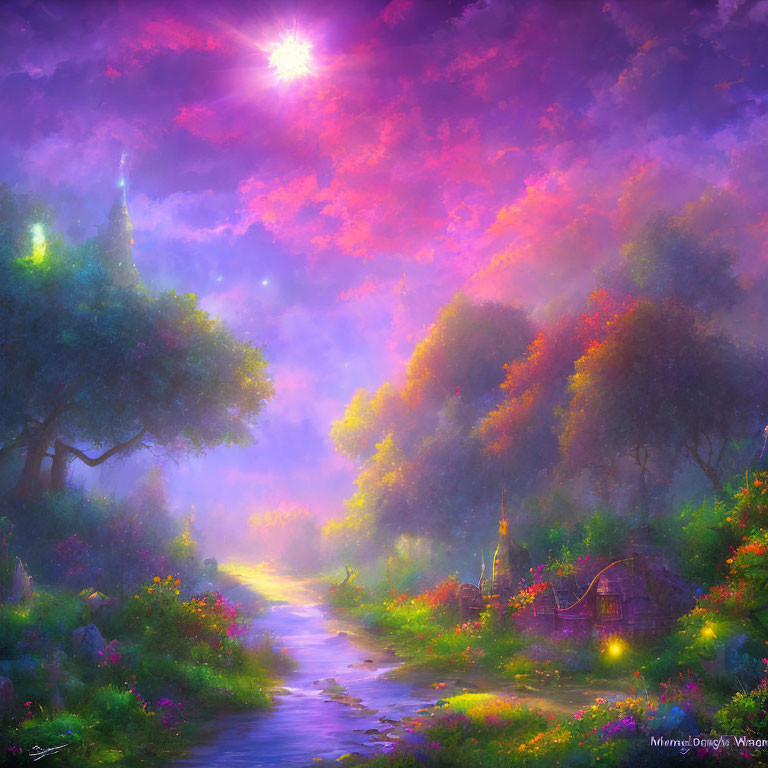 Vibrant fantasy landscape with colorful sky, stream, trees, houses, and flowers