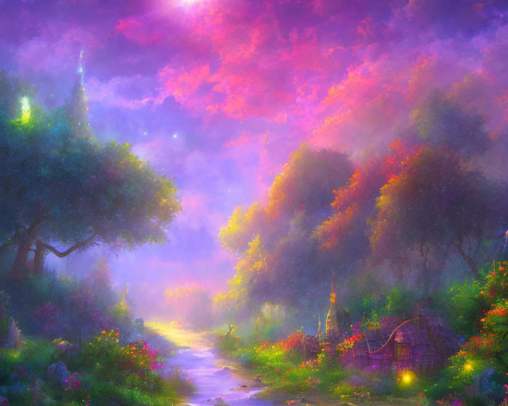 Vibrant fantasy landscape with colorful sky, stream, trees, houses, and flowers
