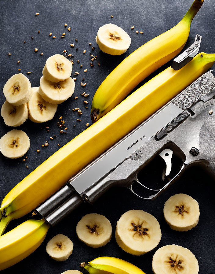 Yellow Bananas and Metallic Handgun with Slices and Seeds on Dark Surface