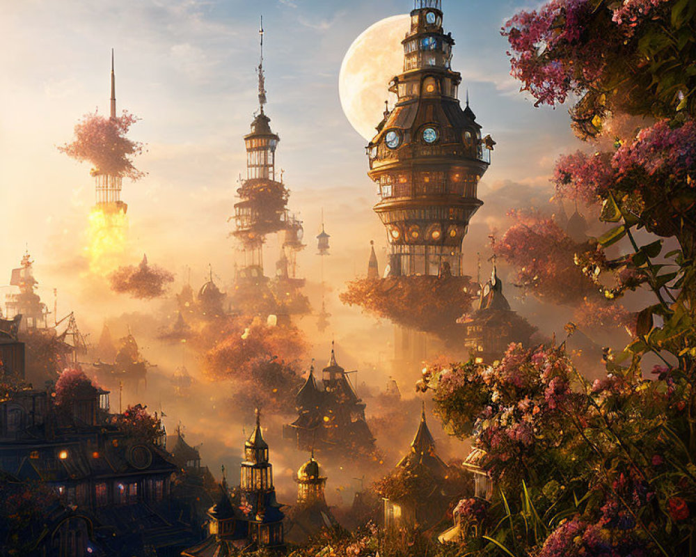 Fantastical sunset cityscape with towering spires and blossoming flowers