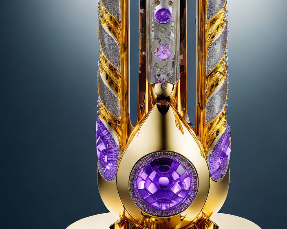 Golden trophy with purple gemstones and intricate patterns on dark background