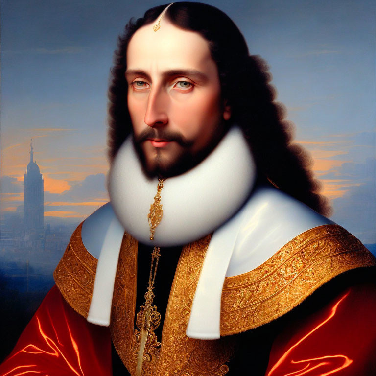 Historical and modern blend in portrait of man with 17th-century attire and Empire State Building backdrop
