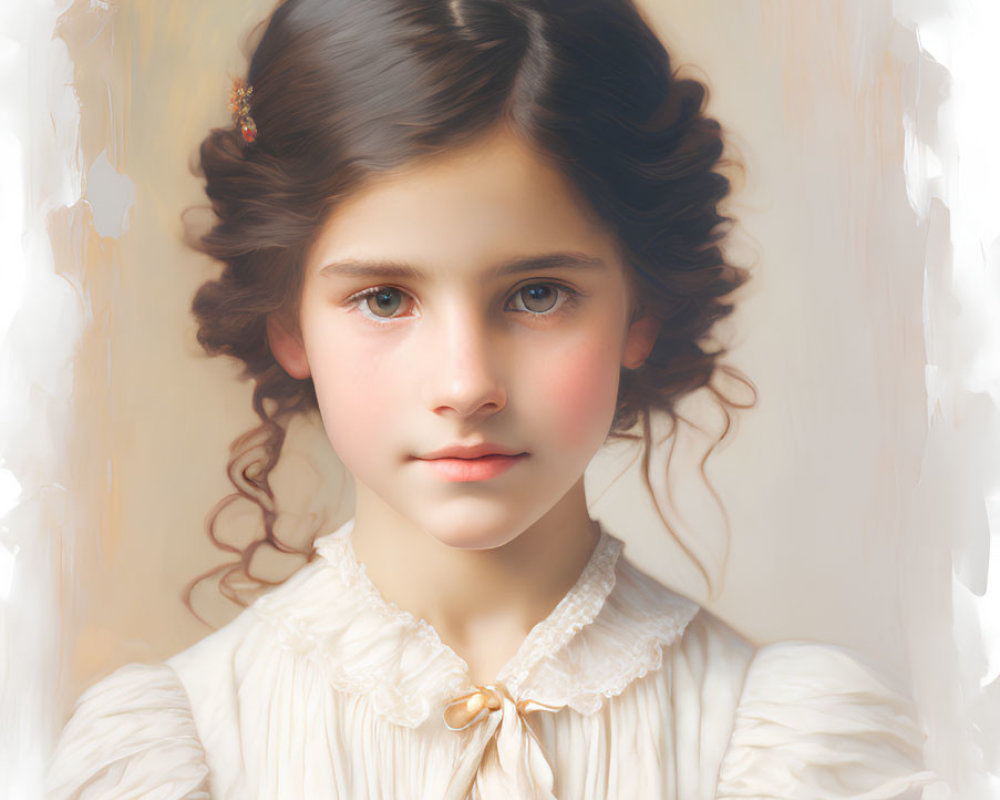 Young girl portrait with curly hair, rosy cheeks, vintage cream dress