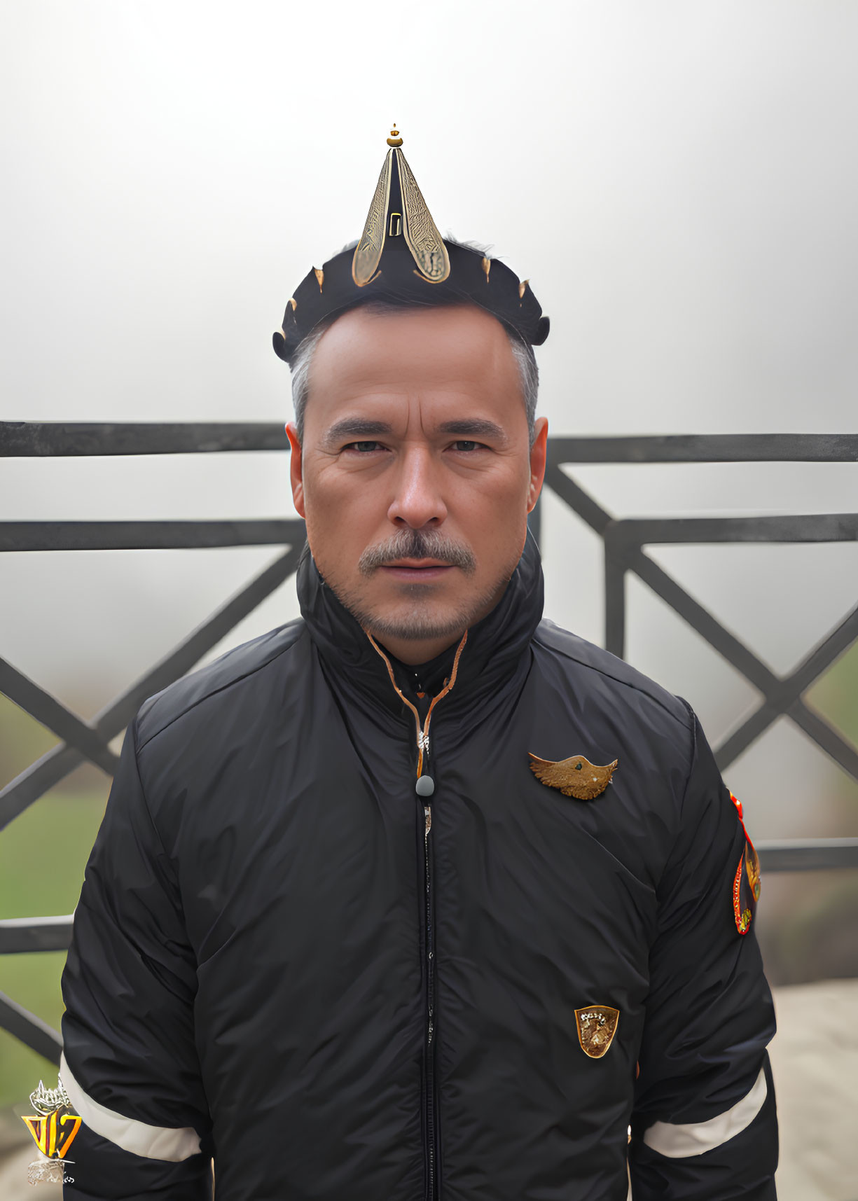 Man in Black Jacket and Traditional Hat with Golden Embellishments Standing in Misty Background