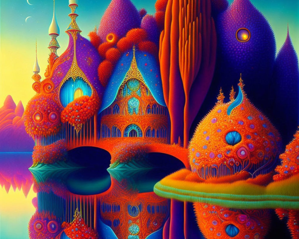 Psychedelic landscape with fantastical architecture and starry sky