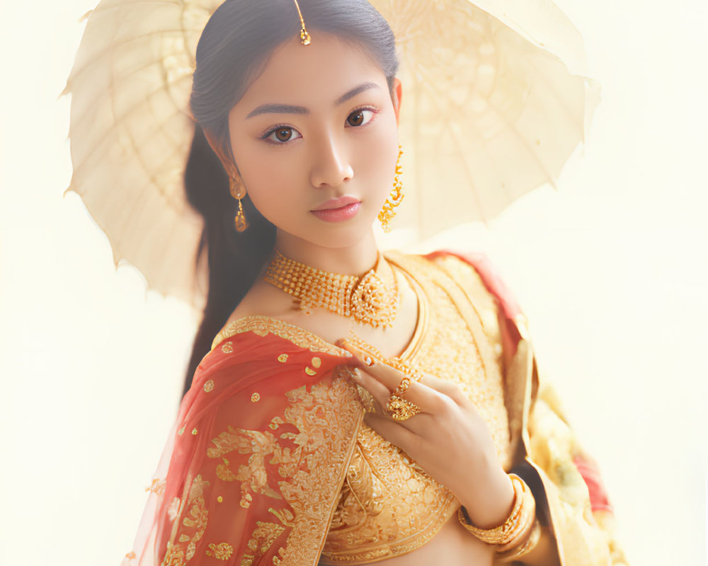 Traditional Indian Attire Woman with Gold Jewelry and White Parasol