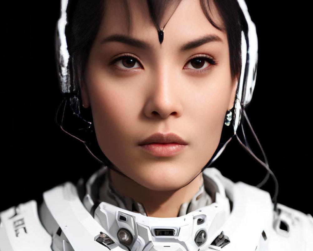 Dark-Haired Woman in Futuristic White Spacesuit with Blue Insignia