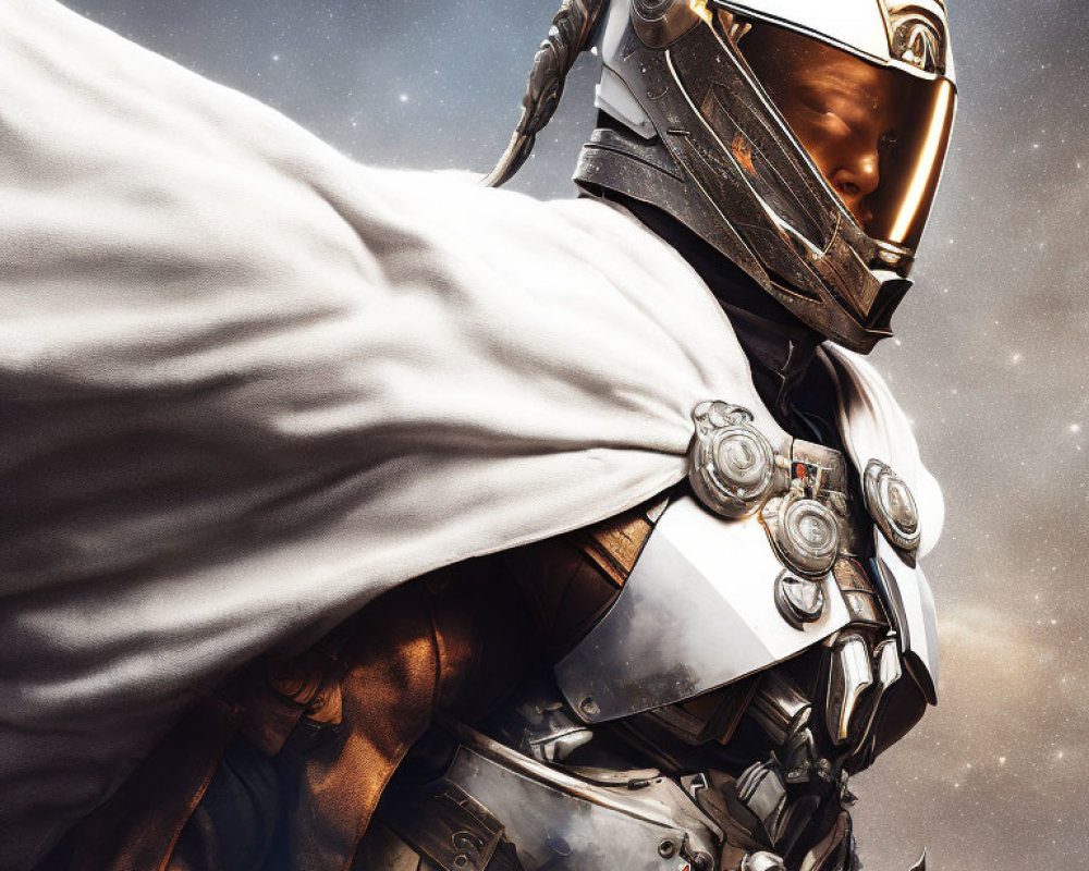Futuristic knight in ornate armor with gold visor against cosmic backdrop