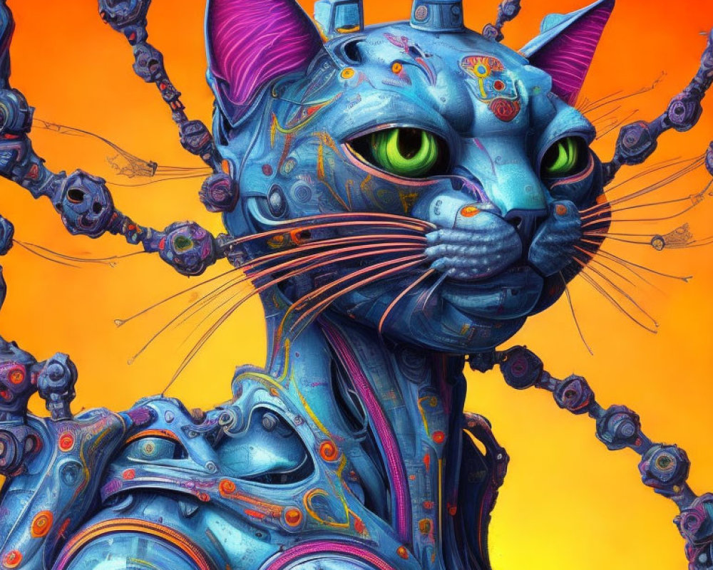 Detailed digital artwork: mechanical cat with metallic blue skin and robotic tentacles on orange background