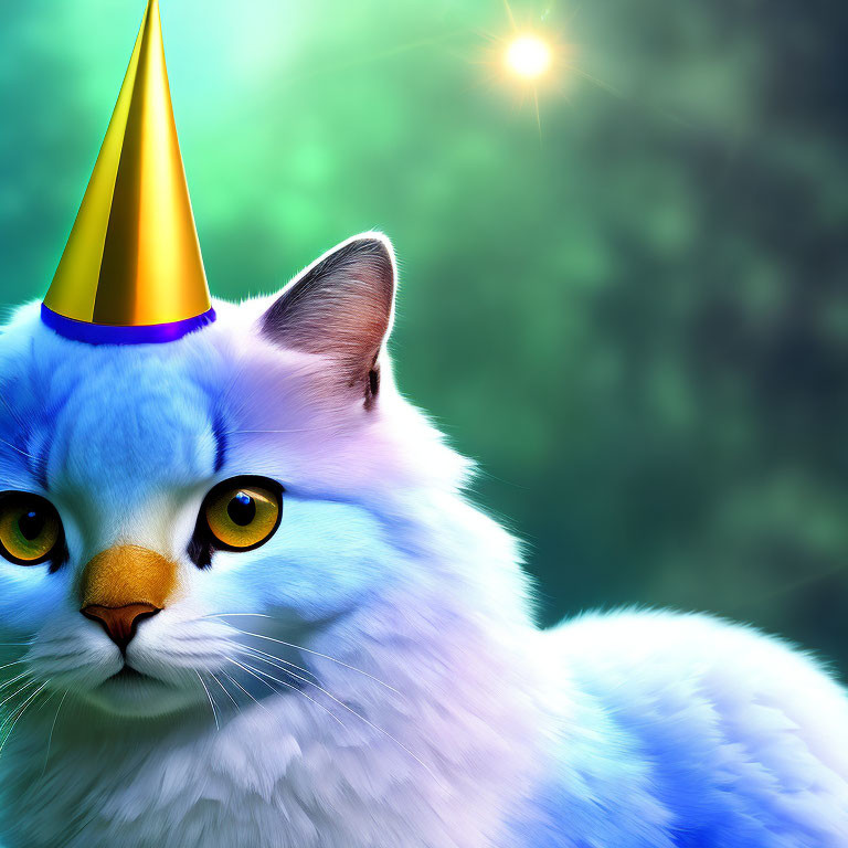 Blue Cat in Party Hat with Yellow Eyes on Green Background