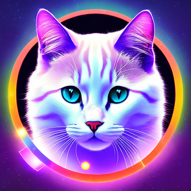 Colorful digital cat face artwork with blue eyes in neon circle on starry background
