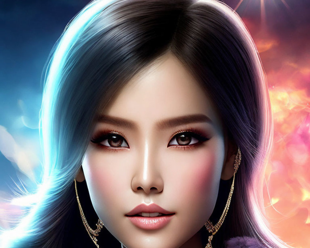 Detailed makeup portrait of a woman with long earrings on vibrant fantasy background