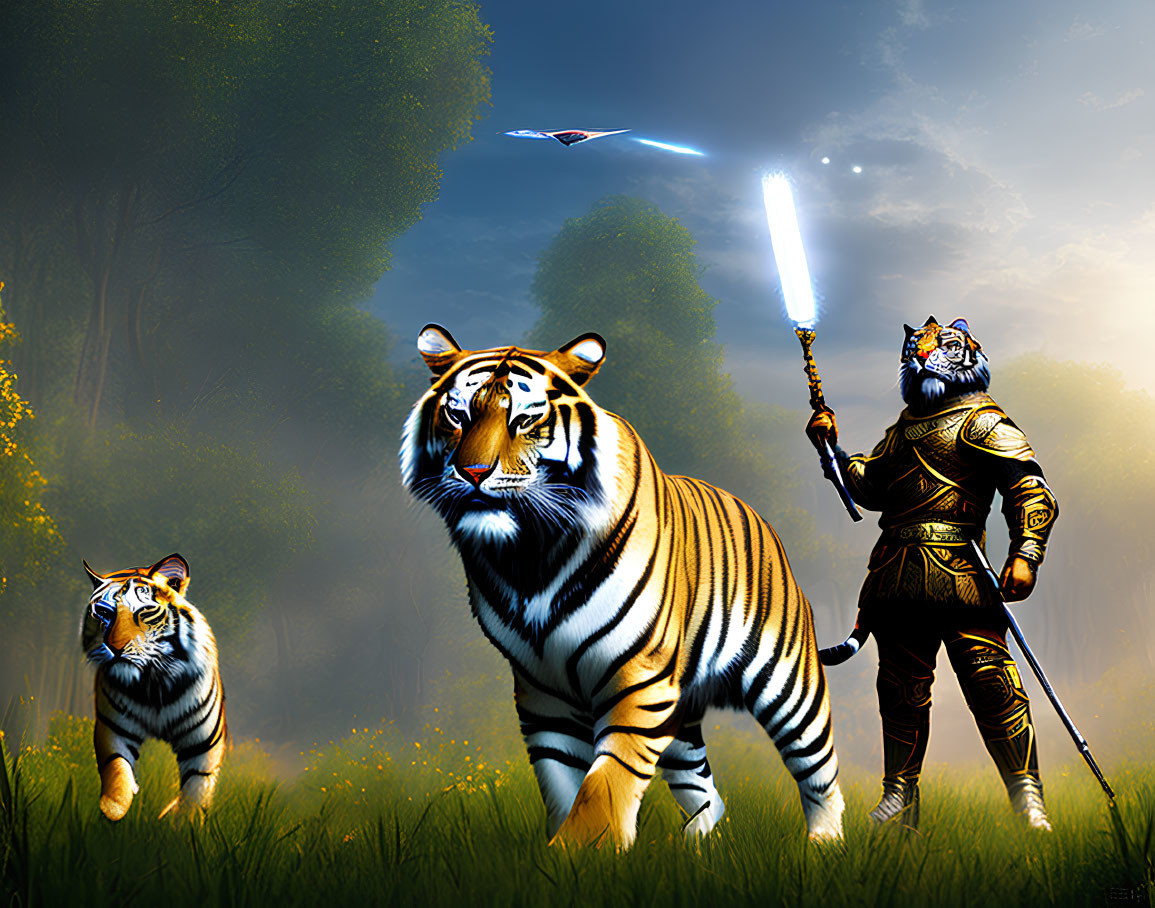 Warrior in ornate armor with luminous sword and two tigers in misty forest