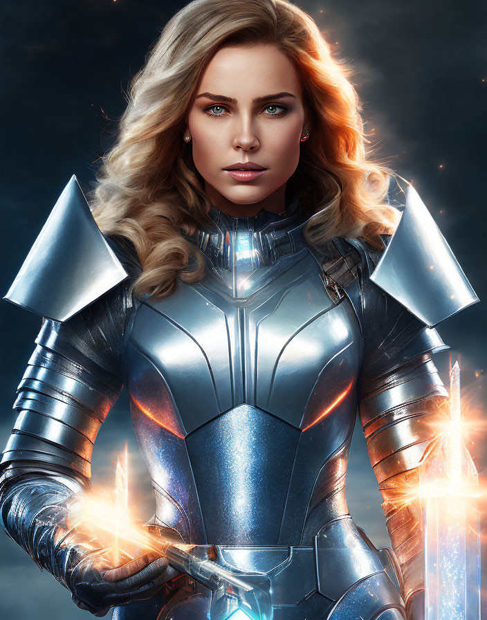Blonde woman in silver futuristic armor with glowing energy hands on dark cosmic background