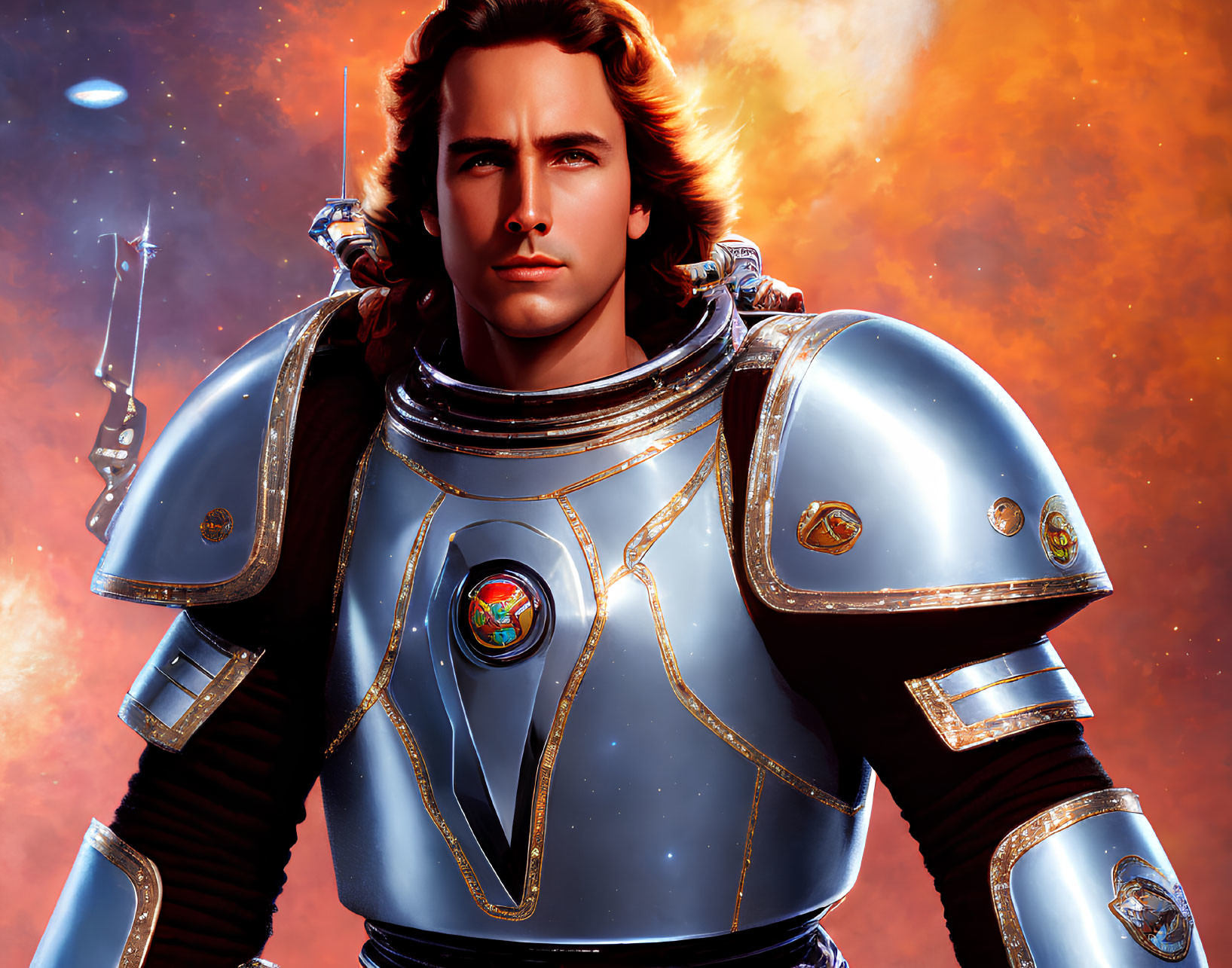 Man in futuristic armor with long hair in fiery cosmic setting