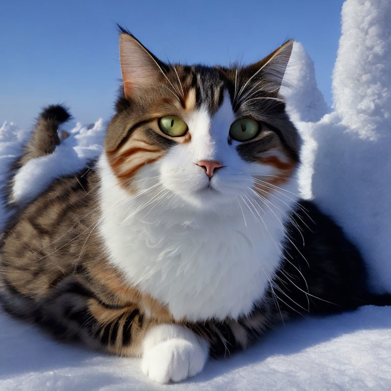 Tabby and White Cat with Green Eyes Sitting on Snow