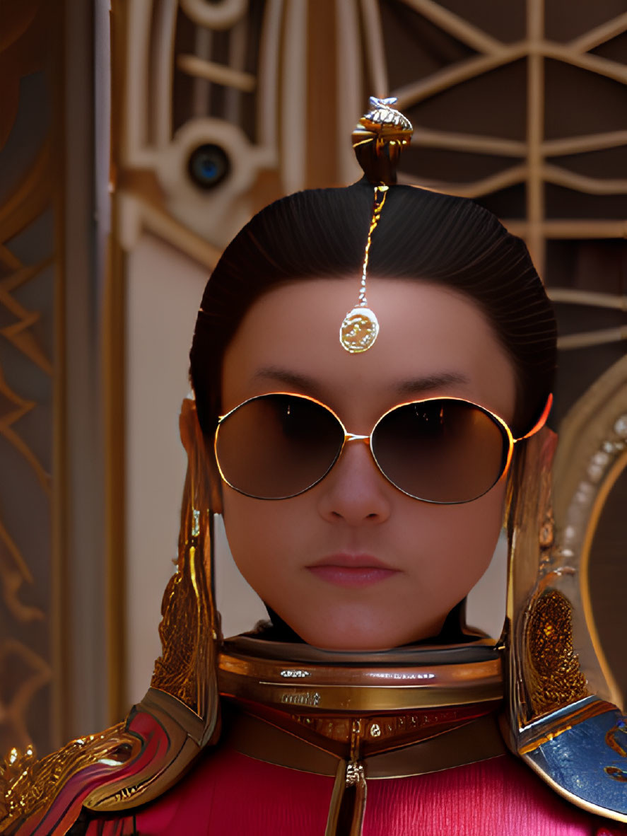 Person in ornate attire with headpiece and sunglasses against decorative background