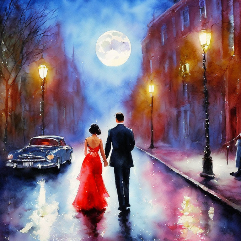 Formal Attired Couple Walking by Vintage Car in Moonlit City Street