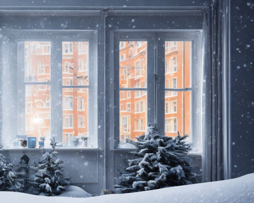 Winter snowfall scene with evergreen trees and brick buildings viewed through window.