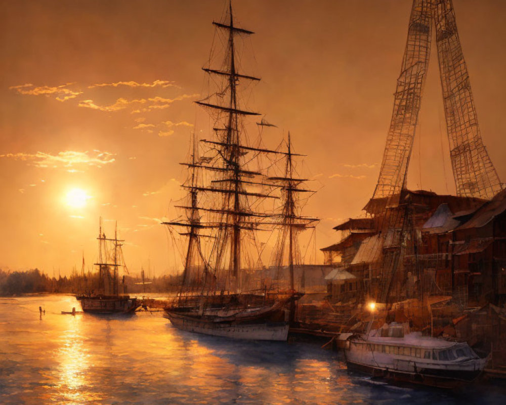 Historic tall ships at wooden buildings under golden sunset.