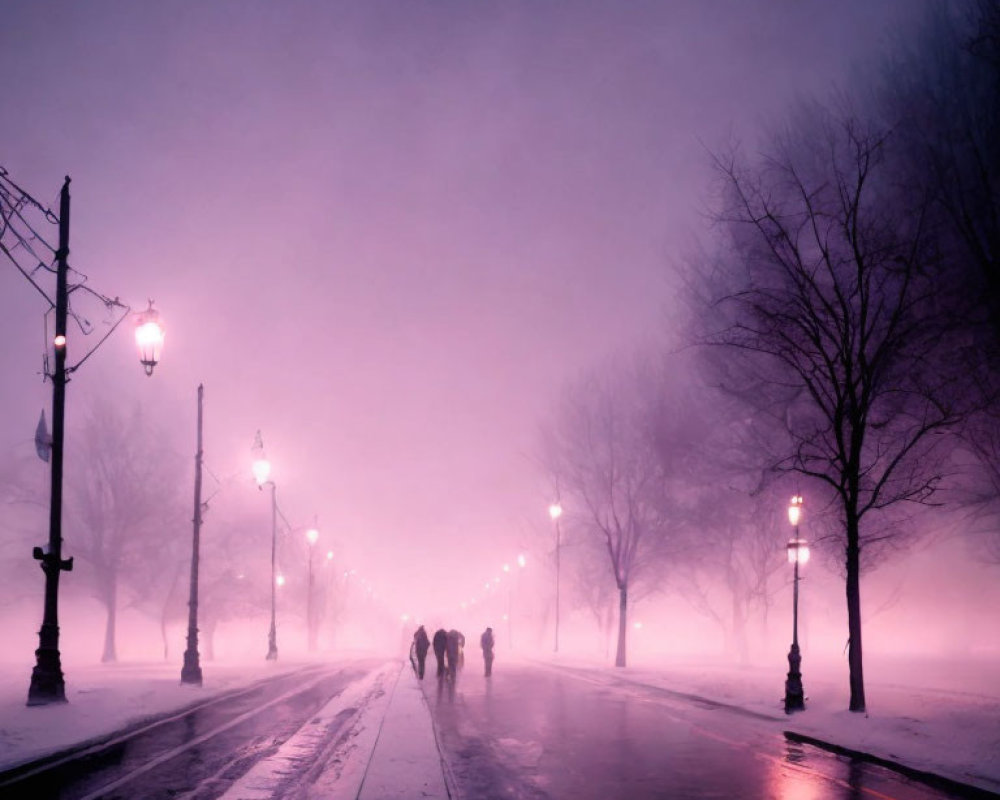 Purple-hued cityscape at dusk: People walking under lamp-lit avenue, tram line, bare