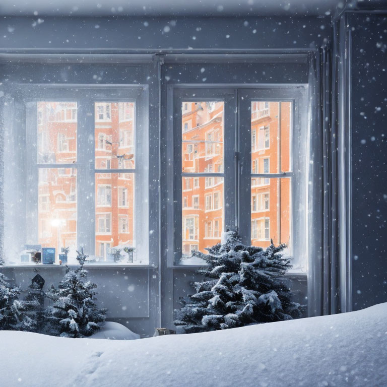 Winter snowfall scene with evergreen trees and brick buildings viewed through window.