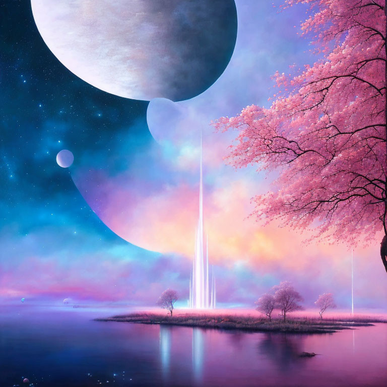 Tranquil landscape with cherry blossoms, moons, light beams, and reflective lake