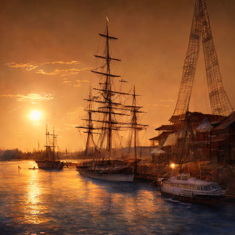 Historic tall ships at wooden buildings under golden sunset.