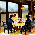 Four people dining at cozy table in watercolor art.