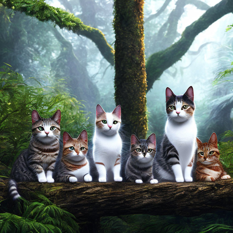 Five diverse cats on log in misty forest with green moss & trees