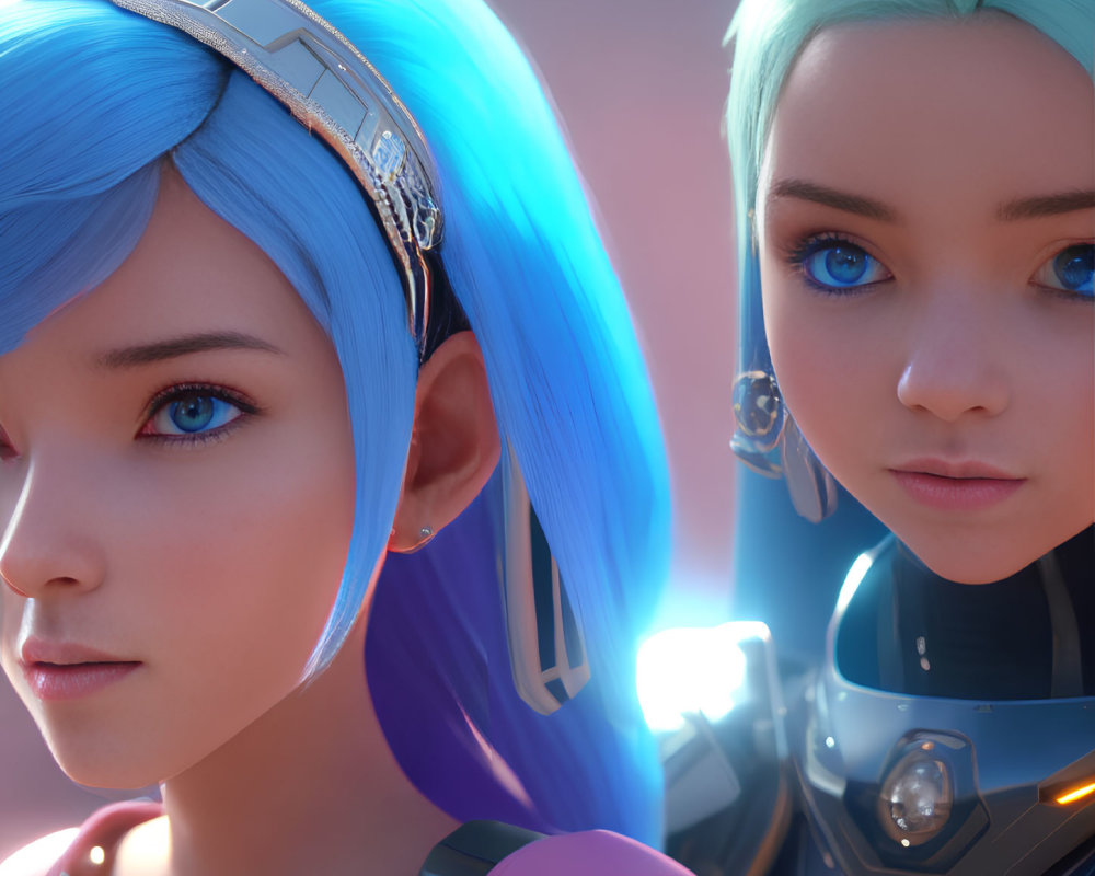 Stylized female characters with blue hair in futuristic and casual attire against pink and blue backdrop