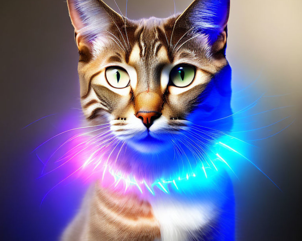 Digitally enhanced image of a cat with green eyes and neon lights