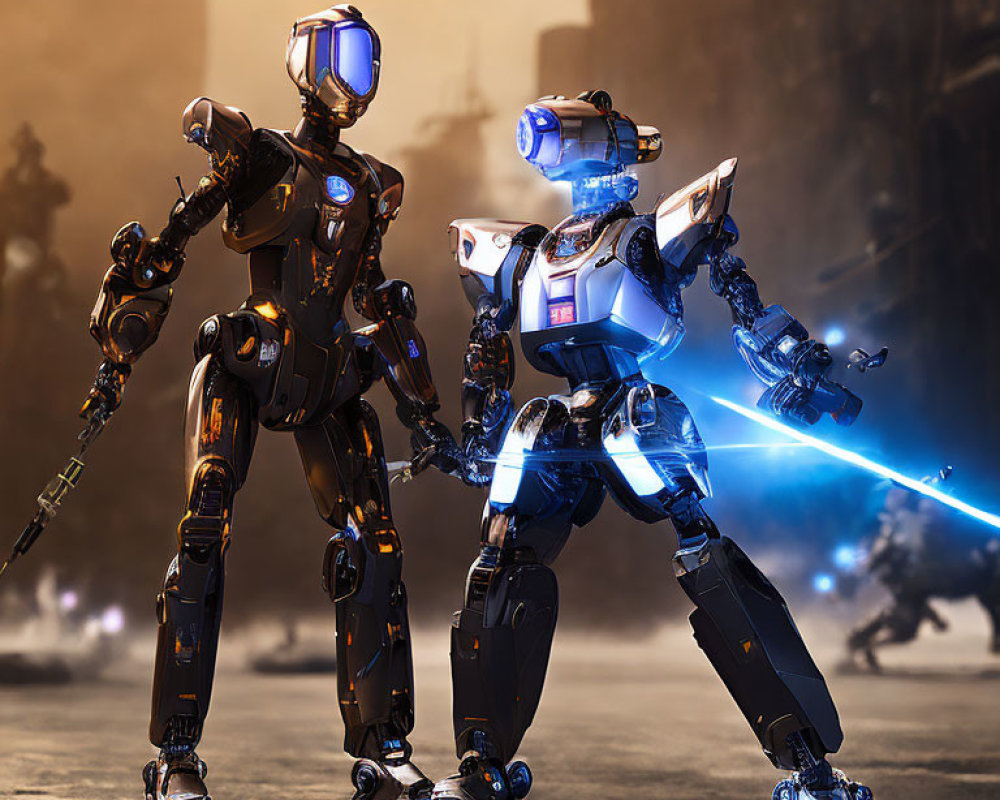 Futuristic humanoid robots with glowing joints in urban setting, one with blue energy sword