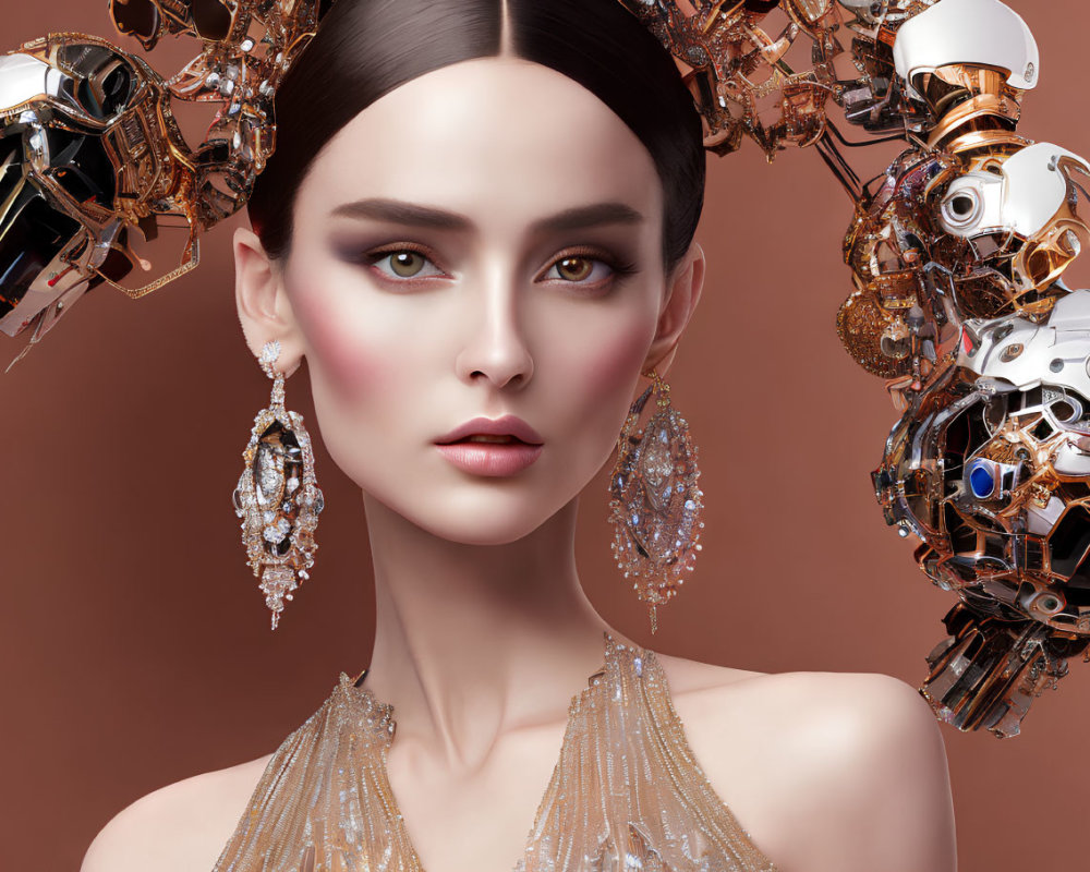 Striking woman with intricate earrings beside elaborate mechanical structure