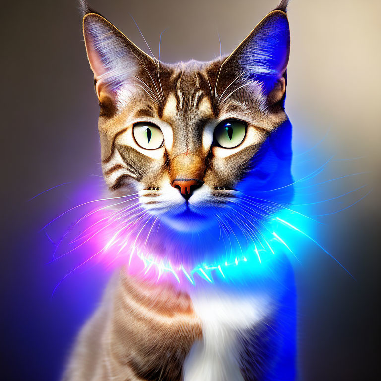 Digitally enhanced image of a cat with green eyes and neon lights