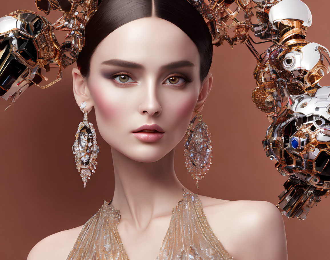 Striking woman with intricate earrings beside elaborate mechanical structure
