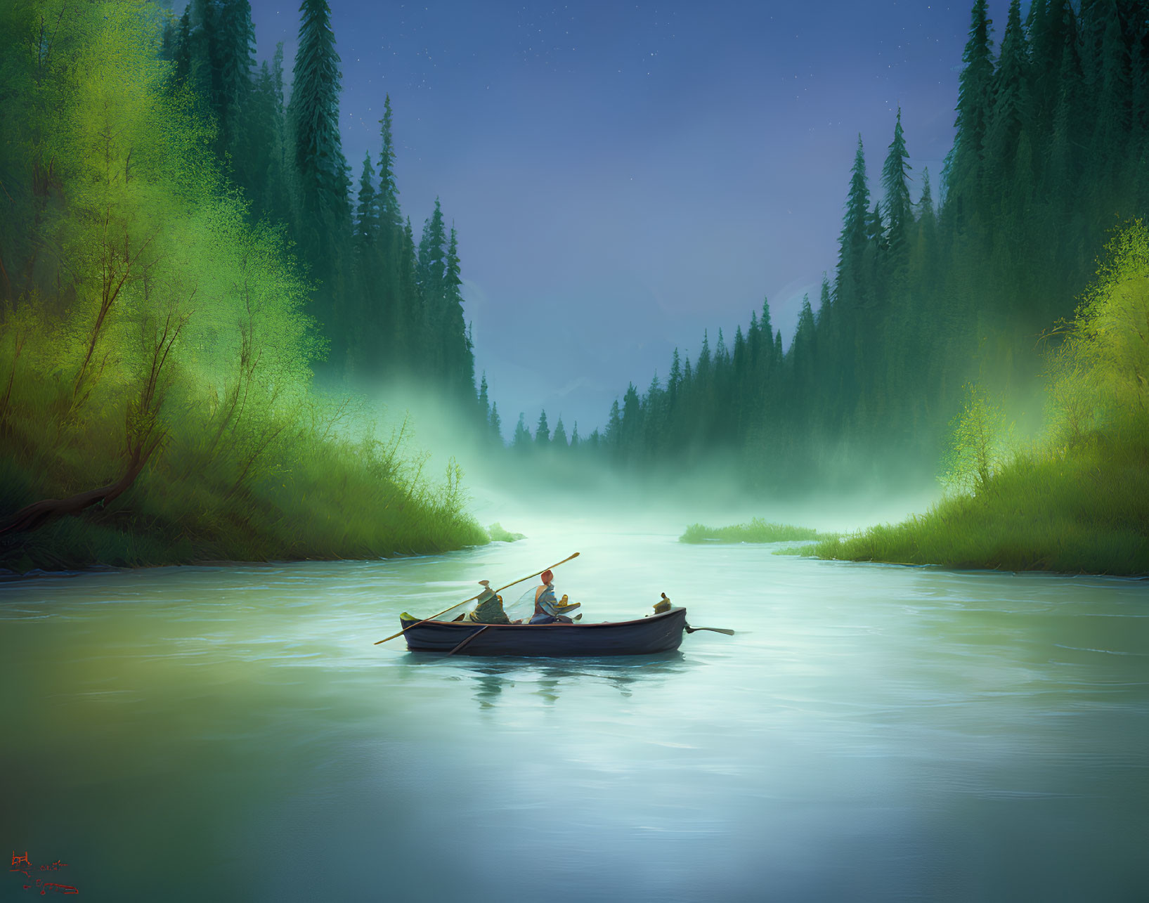 Misty forest river scene with three people rowing boat