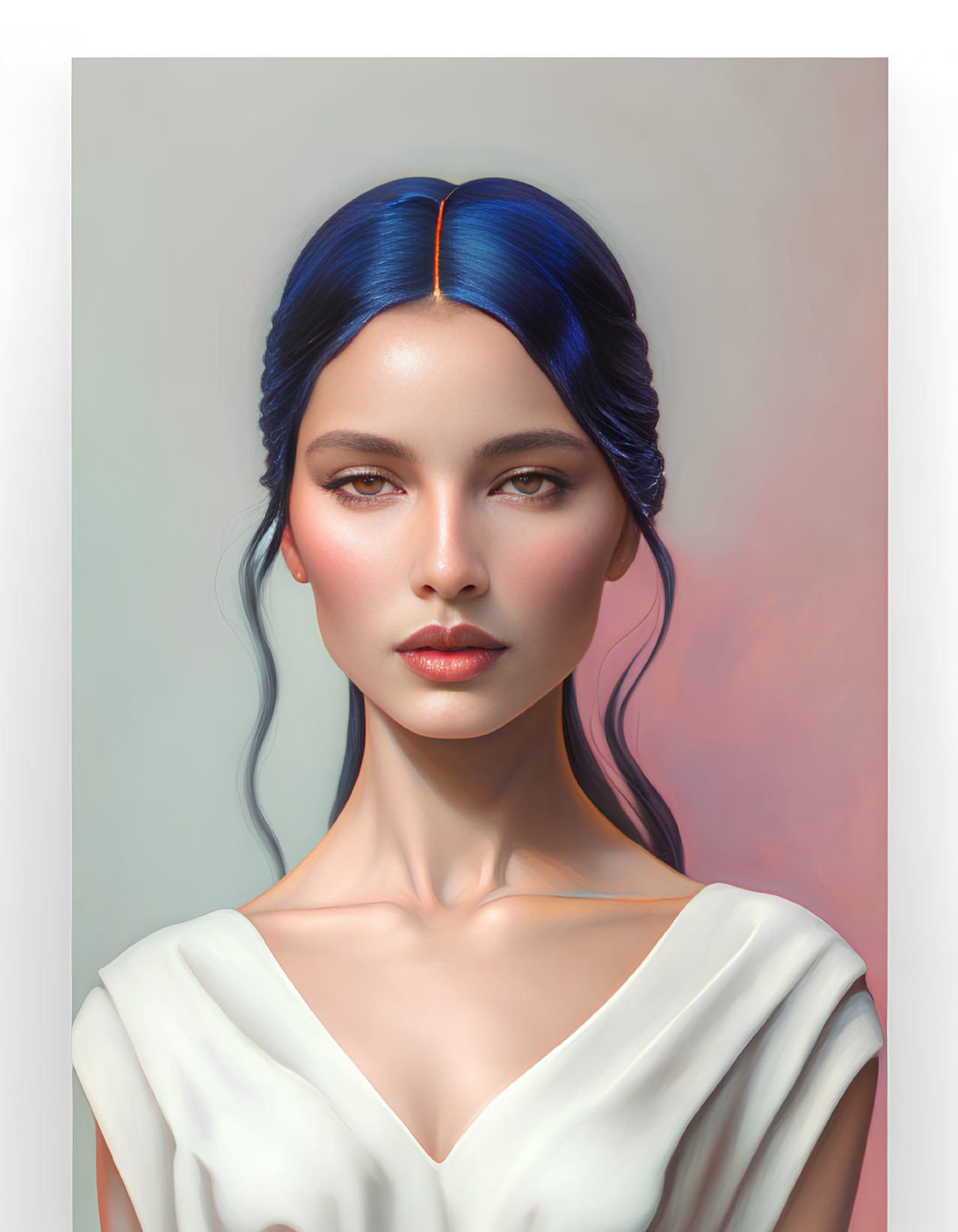 Portrait of Woman with Blue Hair and White Top in Serene Pose