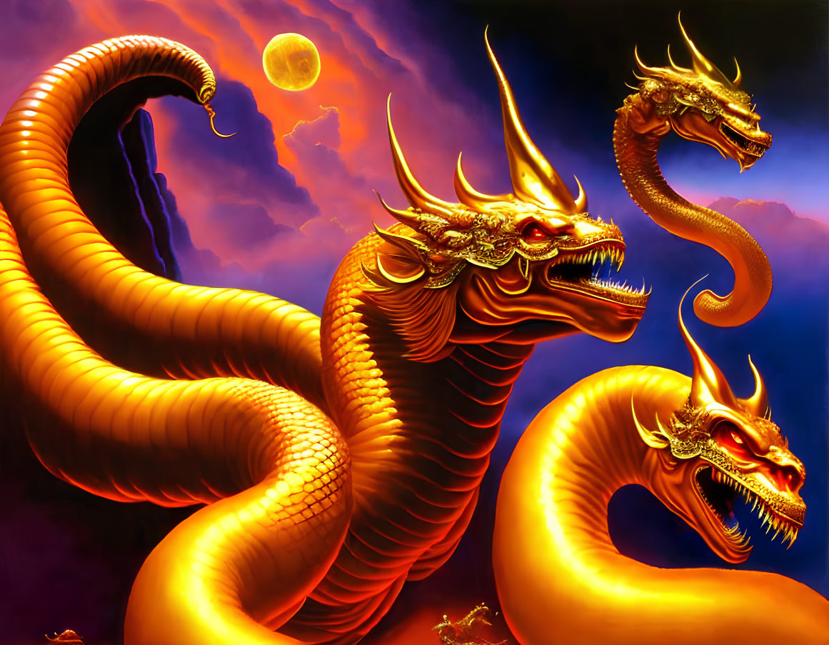 Golden three-headed dragon in dramatic sky with crescent moon